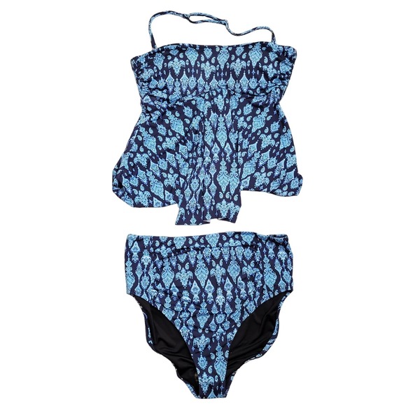 Garnet Hill Other - Garnet Hill Women's Two-Piece Swimsuit 16 Blue Floral V-Neck Tankini High-Rise